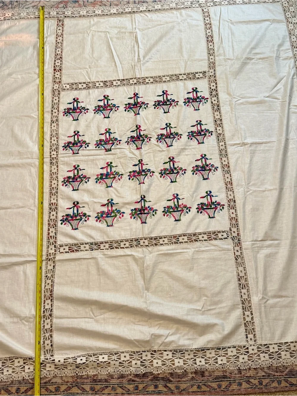 Vintage Wedding Basket Handmade Embroidered Linen Lace Tablecloth 72x77
